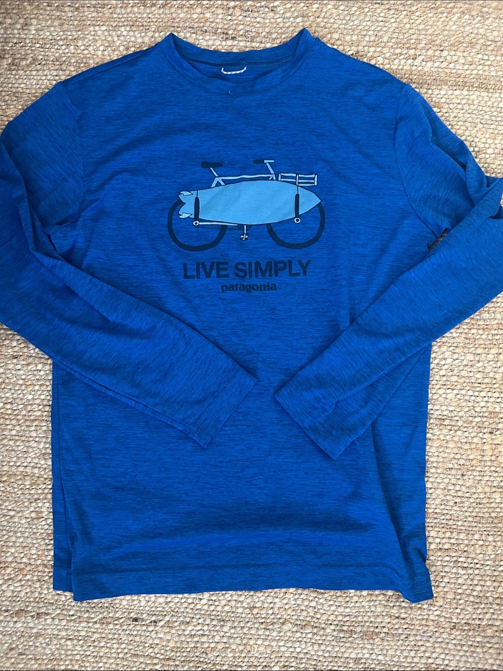 Patagonia big Kids Blue Long Sleeve "Live Simply" Bicycle Graphic.